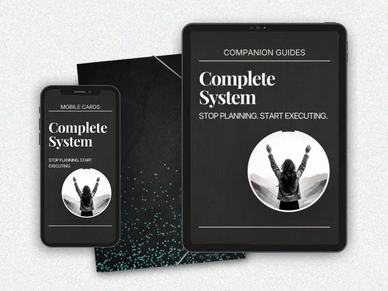Complete System bundle showing mobile cards and companion guides on smartphone and tablet devices with black background and stop planning start executing tagline