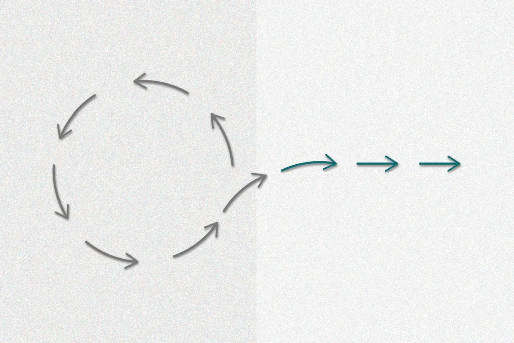 Circular arrows showing analysis paralysis versus forward arrows showing momentum for overthinkers