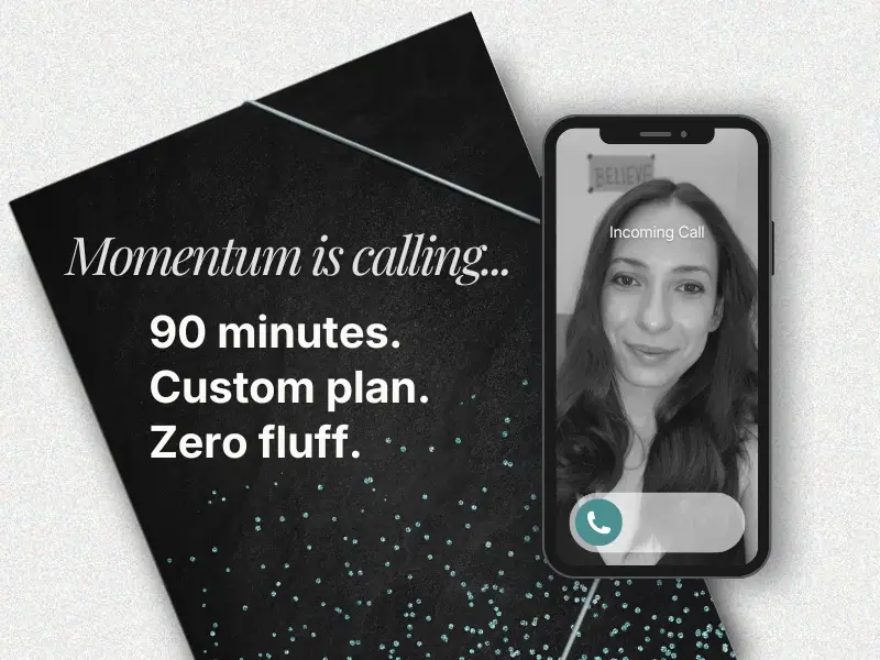 Strategy session video call showing Neyda with momentum is calling tagline, 90 minutes custom plan zero fluff on black card with teal sparkles