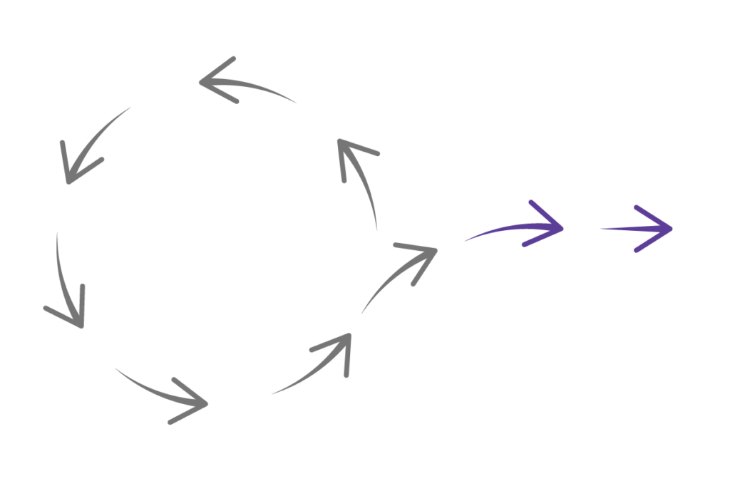 Decision redirect visualization showing transformation from circular overthinking to forward momentum