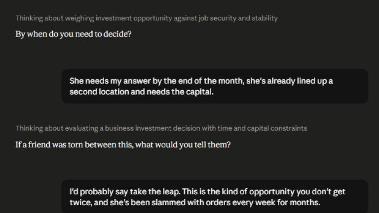 Screenshot of a live coaching transcript from the Decision Clarity skill.